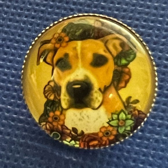 Dog with Flowers Silver Tone Round Pin Brooch Backpack - Picture 1 of 3